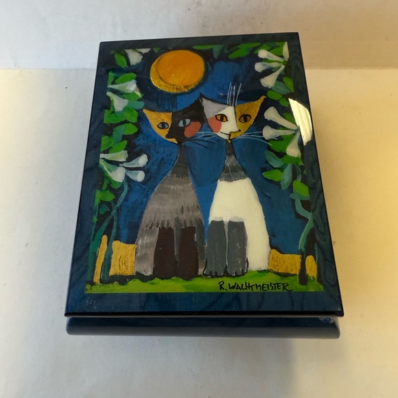Vintage Rosina Wachmeister Cats Ercolano Italy Inlay Wood Music Jewelry Box